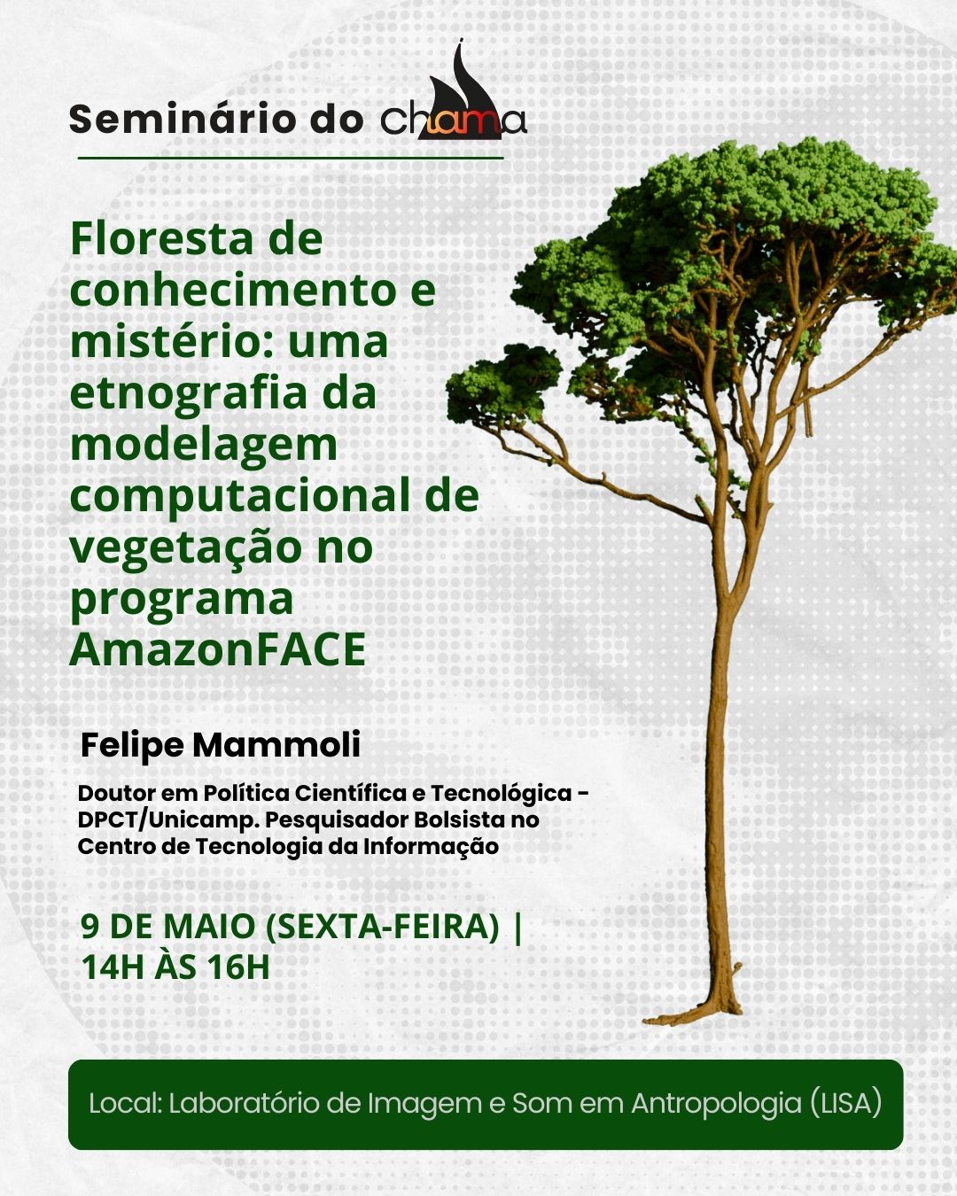CHAMA Anthropology Collective promotes Seminar: "Forest of Knowledge and Mystery: An ethnography of computational modeling of vegetation in the AmazonFACE Program"